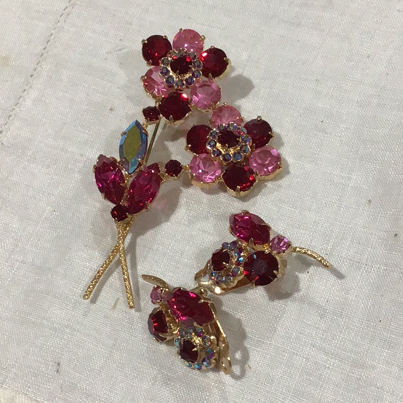 Vintage Czech Pink Crystal Brooch And Earrings
